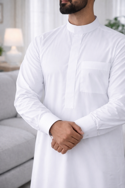 Classic Saudi Thobe | Pure White | Cuffed sleeves
